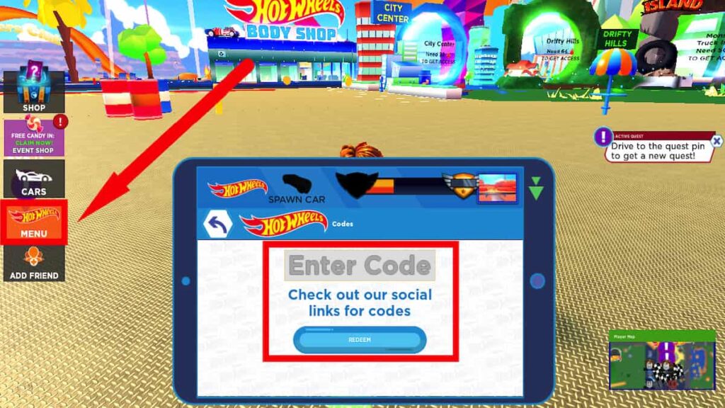 Redeem code text box for Roblox Hot Wheels Racing 