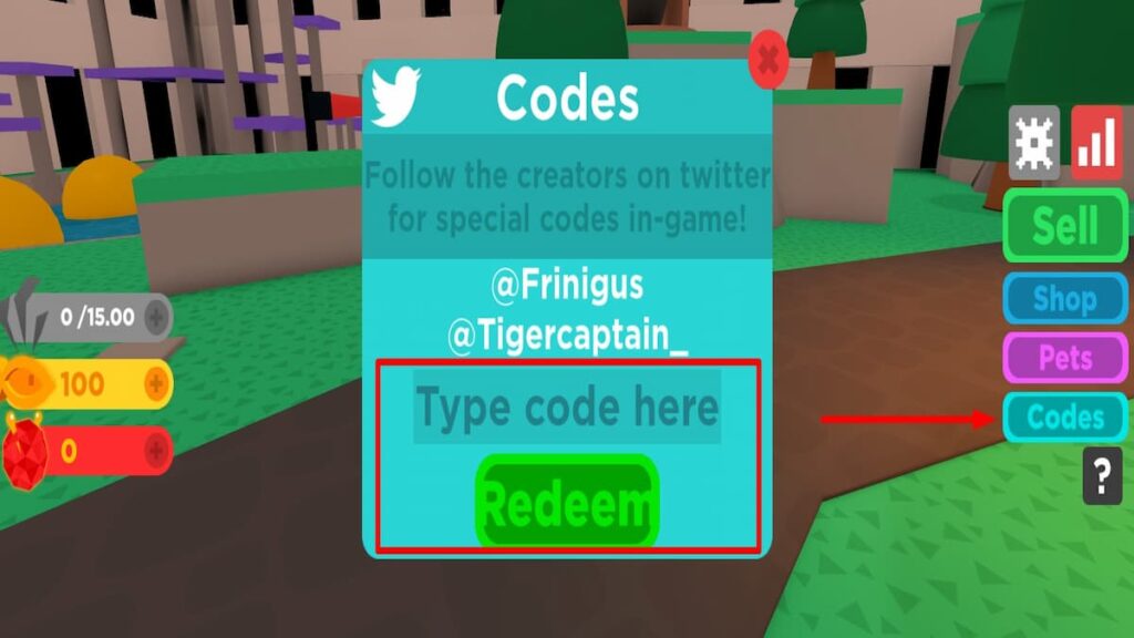 Redeem code text box for Roblox Cat Simulator