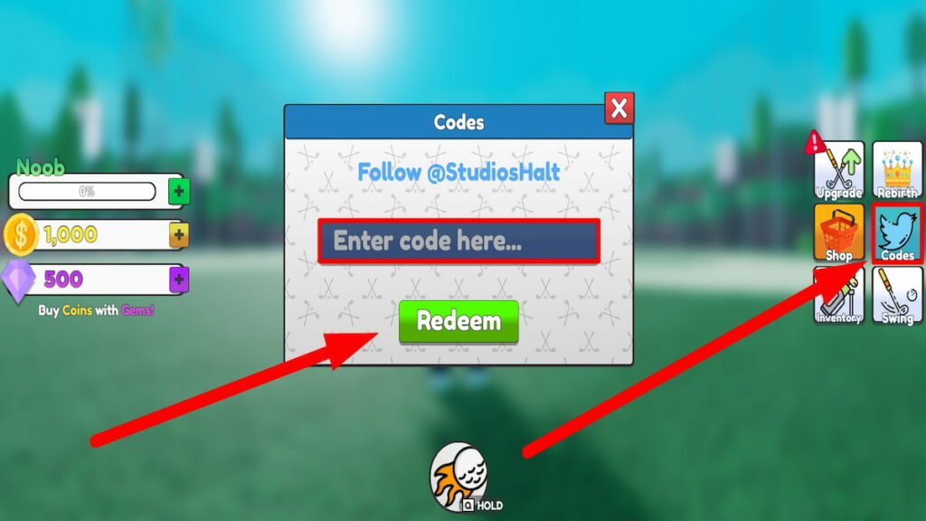 Redeem code text box for Golf Simulator