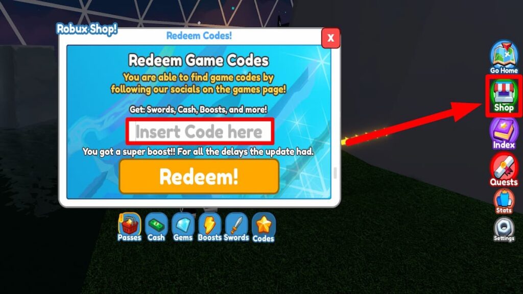 Redeem code text box for Roblox Sword Factory X