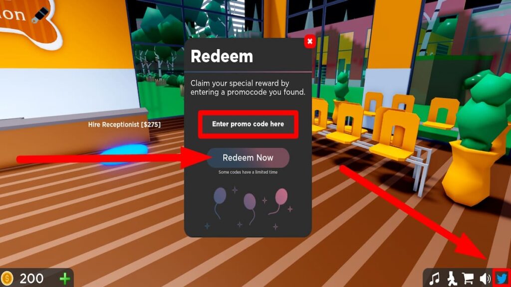 Redeem code text box for Roblox Pet Shop Tycoon