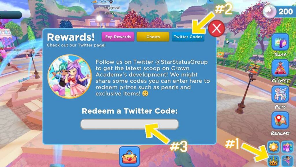 Redeem code text box for Roblox Crown Academy