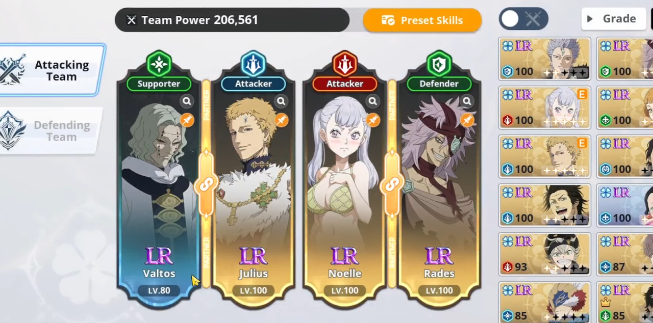 Julius and Noelle team comp with Rades and Valtos in Black Clover M.