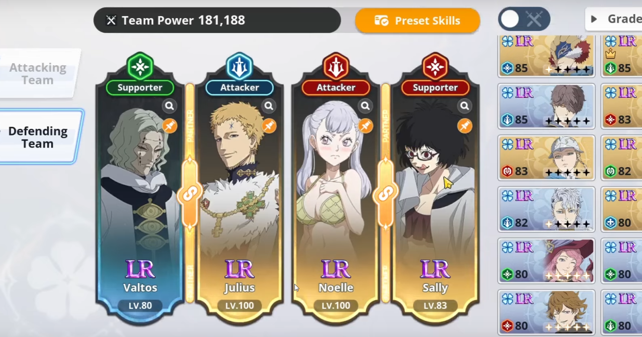 Julius and Noelle team comp with Sally and Valtos in Black Clover M.