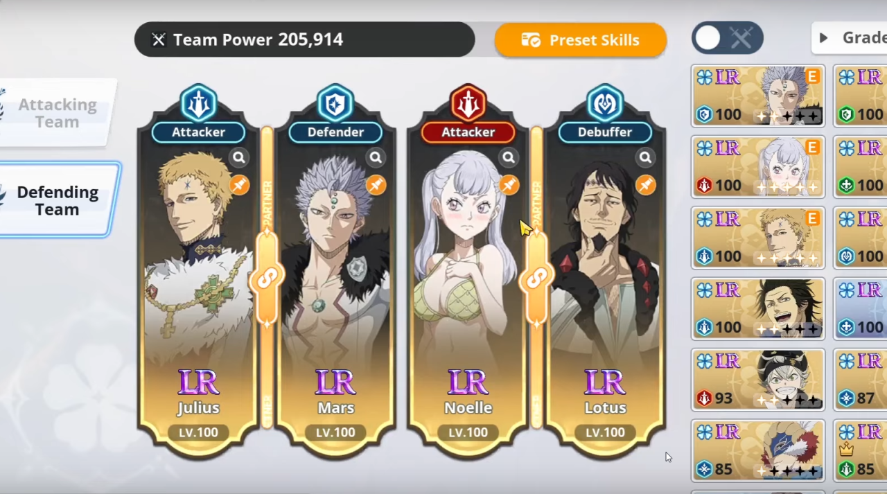 Julius and Noelle team comp with Mars and Lotus in Black Clover M.