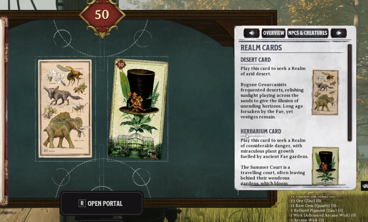 Nightingale opening up a portal with the herbarium and desert cards