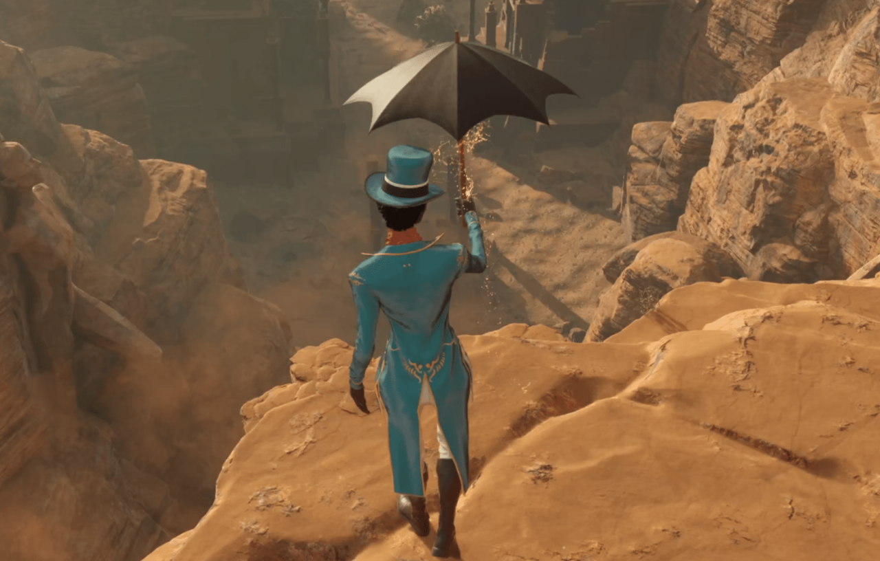 Nightingale player about to glide off a cliff using an umbrella