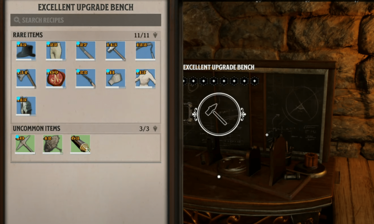 Nightingale upgrade bench showing some tier 1 and 2 items