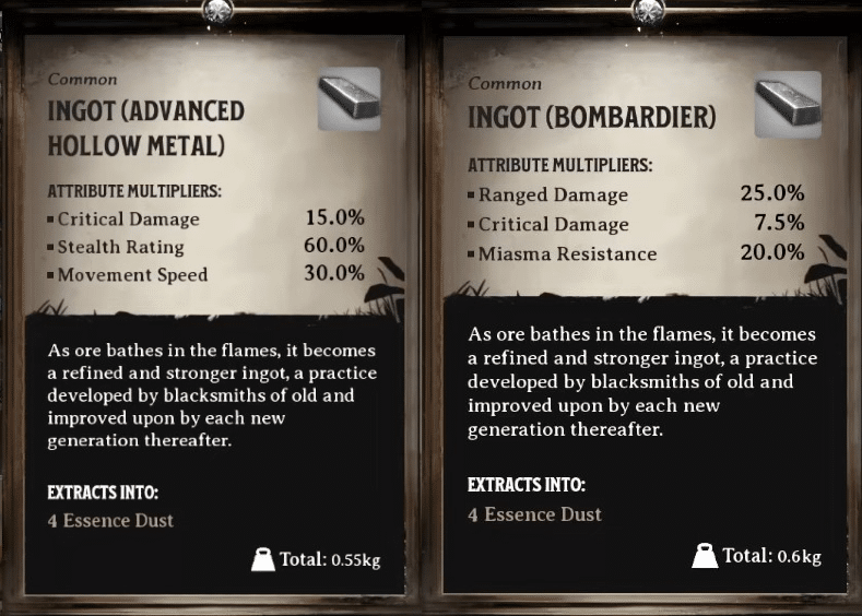 Different ingots with different stats in Nightingale.