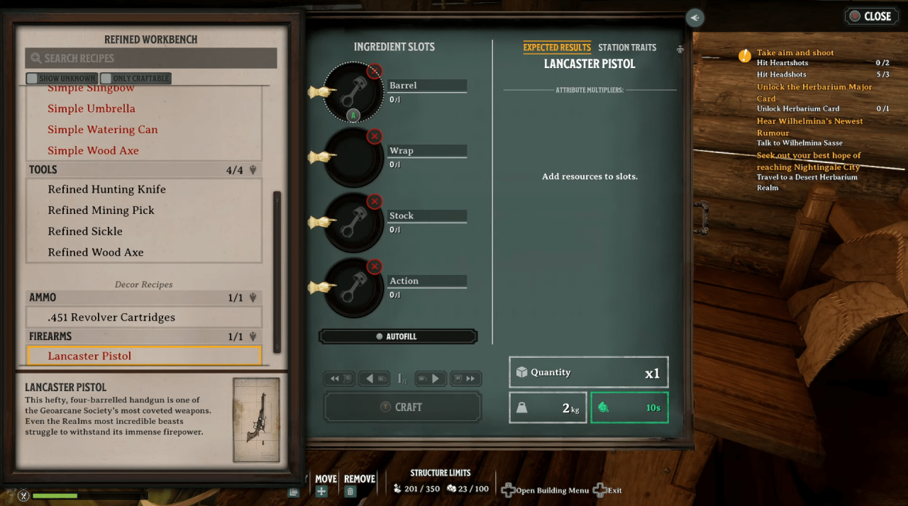 Required parts to craft the Lancaster Pistol in Nightingale.